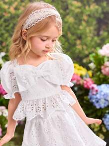 SHEIN Setelan 2 Potong Atasan Lengan Pendek Putih dengan Pita dan Rok Mini untuk Anak Perempuan dari Fern Glow, Liburan Musim Panas - Putih - View 5