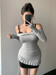 DAZY 2 件套女士灰色拼布细肩带露肩连衣裙，春夏，迷你连衣裙