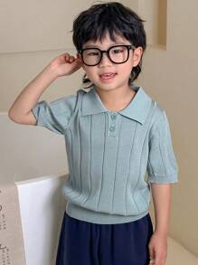 Dazy Kids 男童纯色休闲套头短袖毛衣 - 藍色 - 查看 6