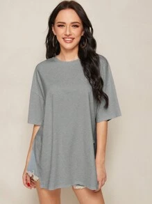 SHEIN Essnce 简约纯色侧开衩短袖休闲T恤 - 灰色 - 查看 5