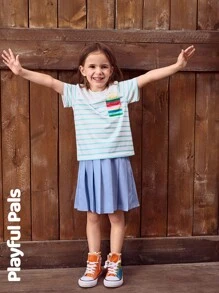 SHEIN 2 PIECES Ensemble chemisier et jupe plissée pour filles, t-shirt à manches courtes avec motif contrastant rayé et soleil, et jupe mini polyvalente, casual pour le quotidien, les sorties, l'école, les fêtes, printemps/été/automne - Multicolore - Voir 4