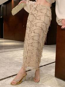 DAZY 女士优雅通勤亮片流苏装饰直筒裙，适合舞会、新年、嘉年华等场合 - 杏色 - 查看 6
