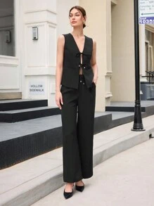 BizChic 2 件女式前系带背心和裤子套装 - 黑色 - 查看 2