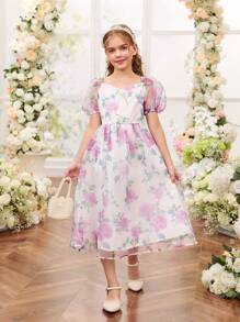 SHEIN Tween 女童优雅可爱方领泡泡袖碎花中长连衣裙 - 紫色 - 查看 4