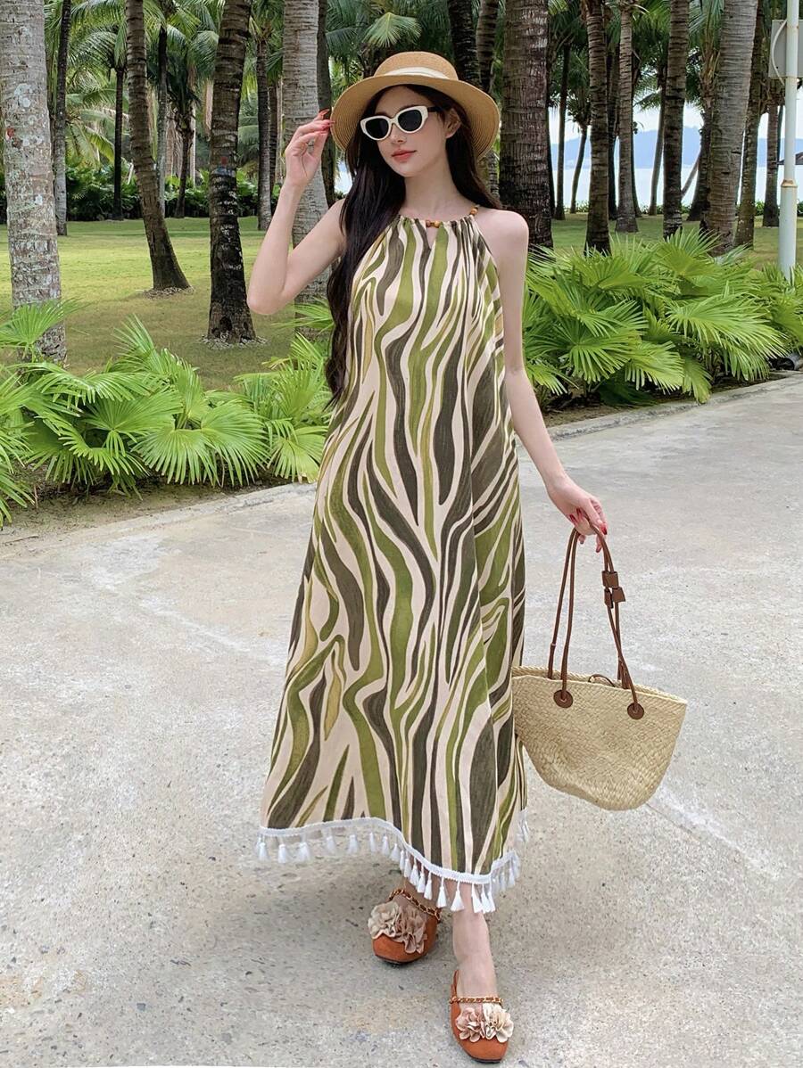 DAZY Vacation Style Beach Tied String Tunic Dress, Women's Mid-Length Ditsy Floral Bohemian Geometric Striped Summer Dress Cruise Women Outfits - Green - View 1