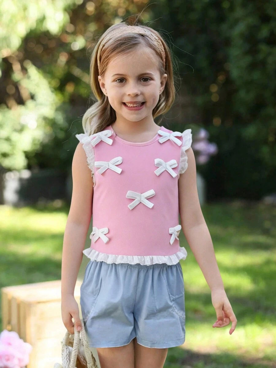 SHEIN 年轻女孩无袖蕾丝蝴蝶结荷叶边可爱甜美上衣，夏季 - 粉色 - 查看 1