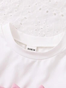 SHEIN بنطلون وفستان قصير برقبة قصيرة وفيونكة ثلاثية الأبعاد للبنات الصغار ، 2 قطعة بطراز قطعات ملونة فخم، مناسب للخروجات والربيع والصيف والمدرسة وتجمعات رمضان والرحلات العائلية - متعدد الألوان - مشاهدة 6