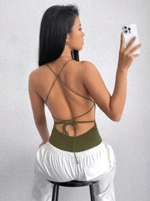SHEIN EZwear Olive Green Knitted Backless Bodysuit - Army Green - View 2