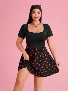 SHEIN EZwear Vestido del Día de San Valentín, vestido de manga corta con cuello cuadrado y estampado de corazones rojos talla grande