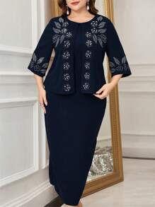 Lacomfia Plus Size Dress With Studded Rhinestones And Bead Decorations Maxi Women Outfit - Navy Blue - View 1