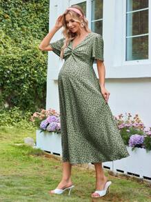 Lyckli Maternity V-Neck Short Sleeve Cinched Waist Ditsy Floral Midi Dress, Fitted Style - Green - View 3