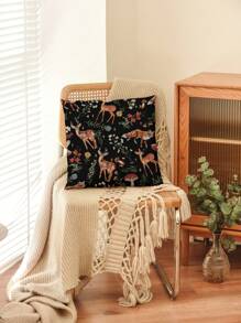 ROMWE Fairycore 1 件手绘可爱鹿与花卉图案枕套，天鹅绒印花方形靠垫套，适用于客厅、卧室、家居装饰、沙发、汽车、所有季节 - 彩色 - 查看 3