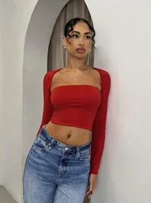 Glamine 2 Pieces Sets Red Color Cut Out  Long Sleeve Crop Top,Going Out T-Shirt,Basic Top,Date Night Outfits,Rave Outfits Festival,Valentine's Day T-Shirt