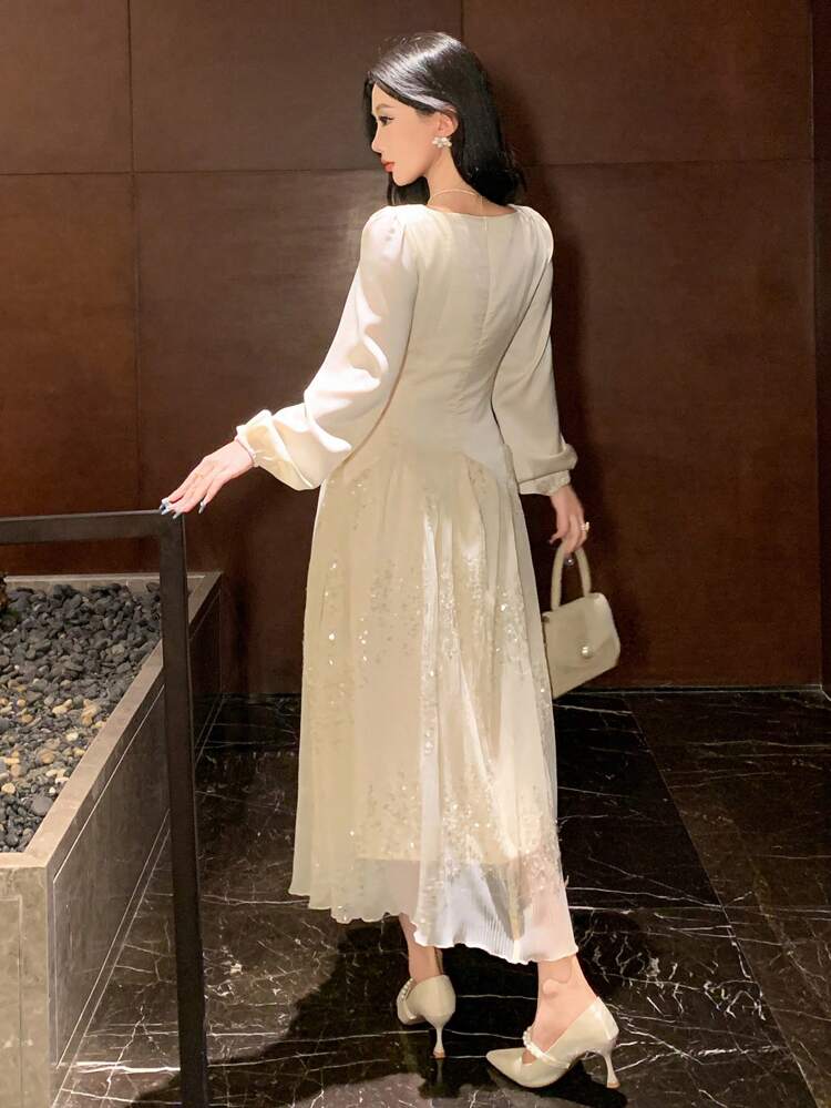 Elegant Square Neck Puff Sleeve Splicing Midi Dress,Cream White Autumn Floral Sparkly Dress For Women,Tea Party Spring Wedding Guest Prom Fall Dress