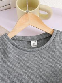 SHEIN LMoss Kids LMoss Tween 女童纯色针织圆领宽松短袖 T 恤和短裤休闲套装 - 灰色 - 查看 4