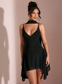 SHEIN BAE 夏季海滩度假优雅纯黑色深 V 领缎带迷你连衣裙，适合日常约会、夜间外出、夜总会、派对、聚会、鸡尾酒会、节日连体裤、泳池派对、办公室穿着、通勤连衣裙