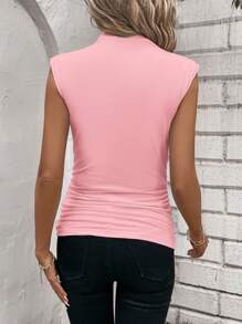 SHEIN Clasi Women's Casual Commuter Plain Collar Ruched Bodycon Tank Top - Pink - View 2