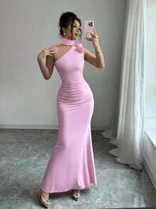 Rafferiza Elegant Quality Sexy Ruffle Pink 3D Floral One Shoulder Asymmetrical Design Mermaid Dress For Women - Pink - View 1