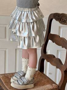 Dazy Kids Young Girl Solid Color Pleated Minimalist Casual Skirt, Vacation - Silver - View 4