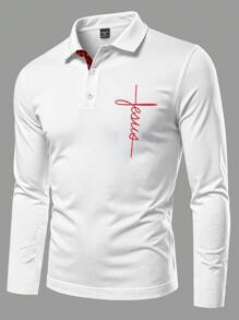 Manfinity Homme Men's Letter Graphic Long Sleeve Polo Shirt, Casual Everyday Wear, For Golf