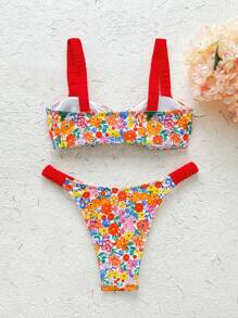 Swim Mod Swim Women Colorful Floral Print Drawstring Ruched Cute Bikini Set For Summer Beach Vacation - Multicolor - View 7