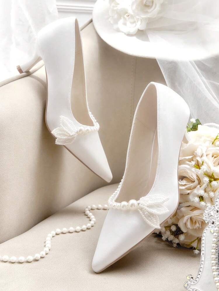 CUCCOO HITCHD Women's White Pearl Embellished Pointed Toe High Heels, Elegant For Commuting, Date, Wedding, Party For Christmas
