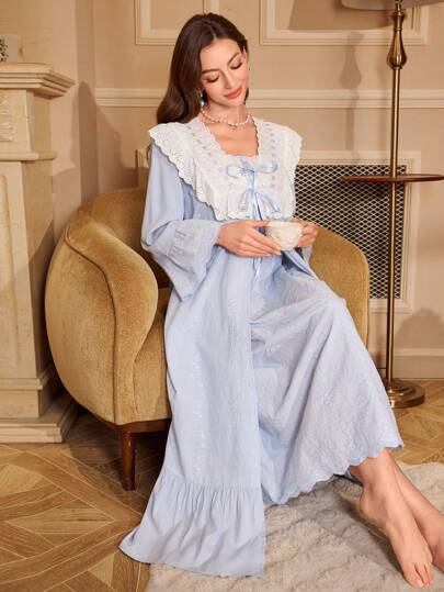 PalaceNights Color Contrast Ruffle Trim Satin Bow Decor Camisole Nightgown Babydoll And Bathrobe Pajama Set, Palace Style Embroidery Suit Bow, Fall Winter Clothes