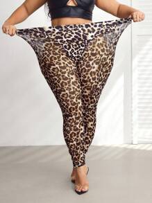 SHEIN CURVE+ CURVE PLUS /Valentine's Day/New Sexy And Elegant See-Through Mesh Leopard Print Including Three Pants Bottoming And Decorative Slim Fit Women's Leggings,Valentines,Rose,Heart,Polka Dot,Love,Lip,Cupid,3D Flower - Multicolor - View 6