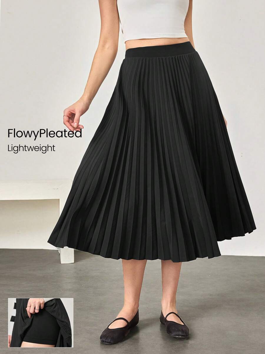 GLOWMODE Take A Twirl Tummy Control Pleated Maxi Skirt With Built-In Shorts Daily Casual - Black - View 1