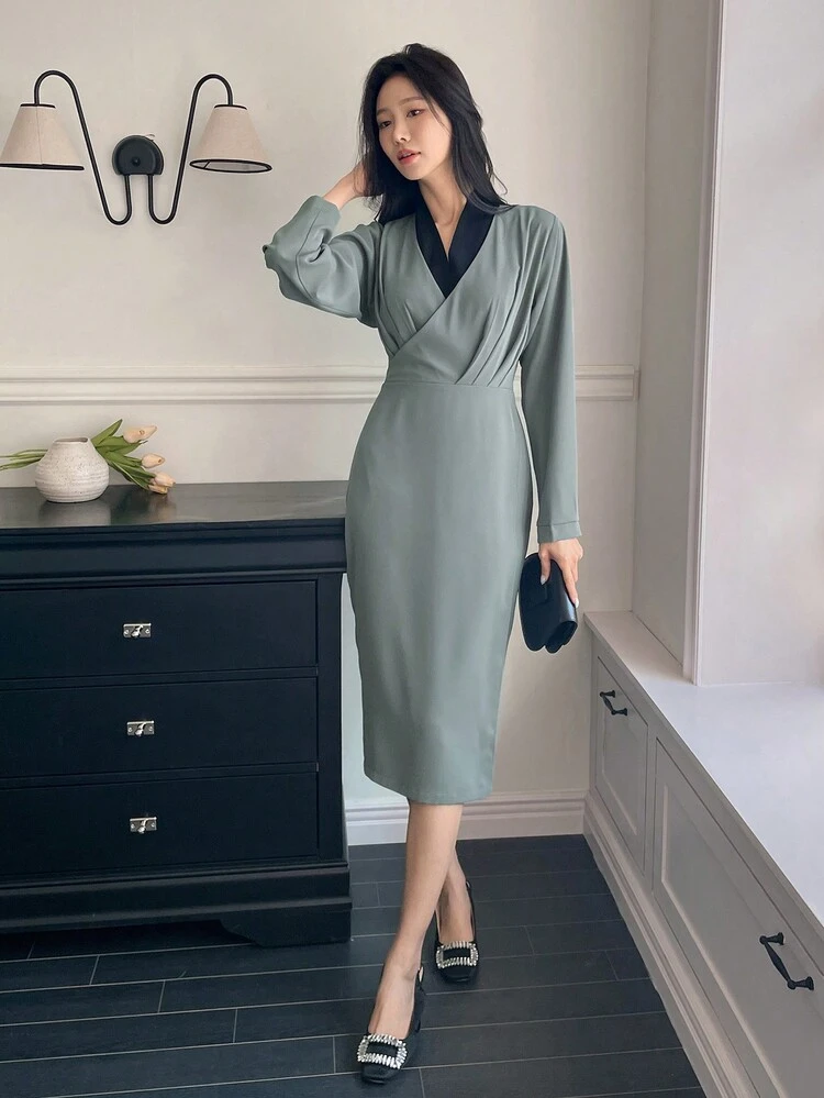 Elegant Lady-Like Contrast Color Waist Dress For Women, Fall Dress Long Sleeve Dress