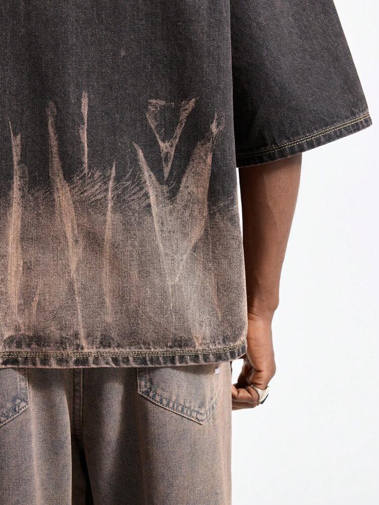 Men's Street Fashion Embroidered Woven Denim Short Sleeve Shirt