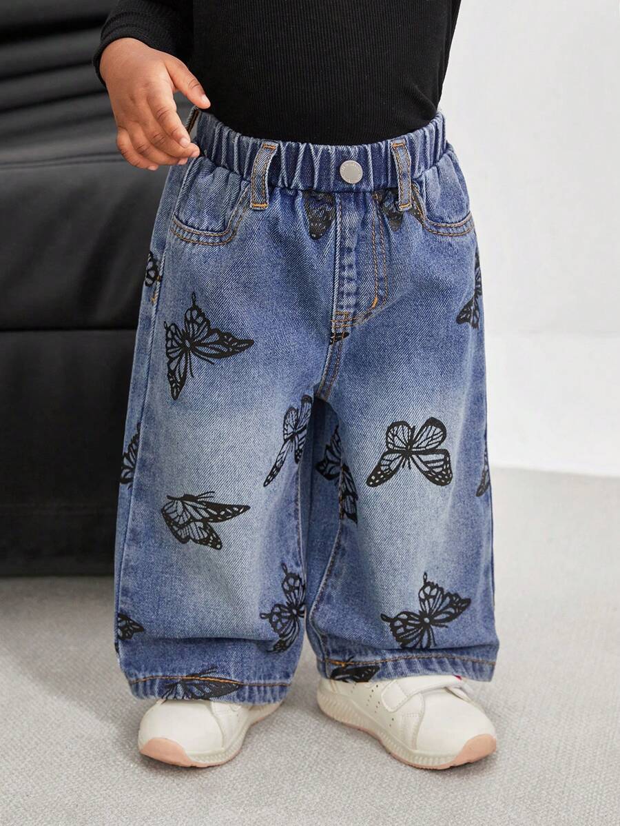 SHEIN Baby Girl Butterfly Print Blue Denim Wide Leg Pants - Medium Wash - View 1