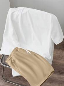 Manfinity Joysei 男士修身字母印花短袖 T 恤和梭织短裤两件套，舒适服装