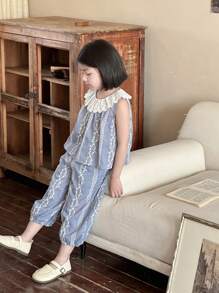 DAZY 2pcs Young Girl Solid Color Patchwork Round Neck Sleeveless Top And Long Pants Set,Girls Summer Outfits