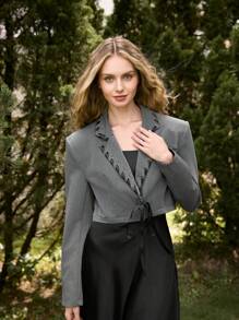 SHEIN MOD Black Lace-Up Decor, Loose Fit Short Sleeve Gray Blazer - Dark Grey - View 2