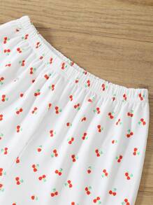 Tween Girl Fruit Print Bow Decor Short Sleeve Top And Ruffle Hem Shorts 2pcs Set, Loungewear - Multicolor - View 6