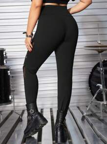 ROMWE Plus Size Women Gothic Five-Pointed Star Zipper Decor Hollow Out Patchwork Tight Elastic Leggings - Black - View 2