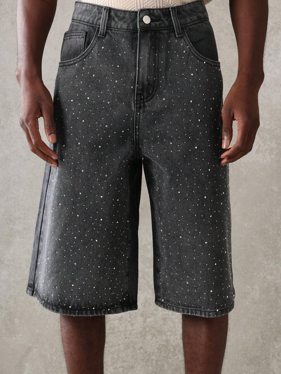 SUMWON Shorts Denim Curtos com Padrão de Brilho Desenhado, Estilo Casual de Verão, Comprimento Médio, Estilo de Rua de Festival, Skateboard, Urbano, Modelagem Larga, Desgastado