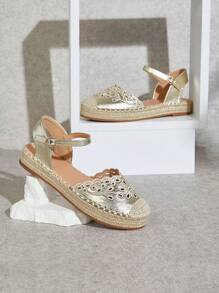 SHUZIA 女士简约踝带帆布坡跟凉鞋，带孔眼装饰 - 金色 - 查看 5
