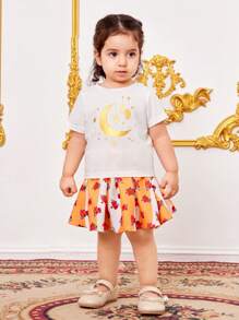 SHEIN Babygirl Summer Vacation Cute Floral Pattern Crop Top & Mini Skirt Set - Yellow - View 3