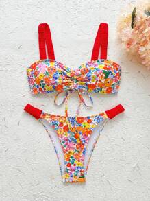 Swim Mod Swim Women Colorful Floral Print Drawstring Ruched Cute Bikini Set For Summer Beach Vacation - Multicolor - View 6