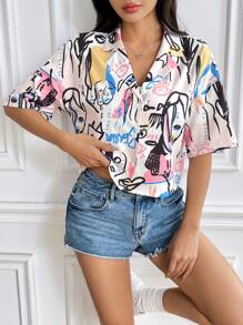 Muchica Blusa/camisa de mujer de manga corta con cuello, hombros caídos y corte cropped con estampado gráfico y botones - Multicolor - Ver 7