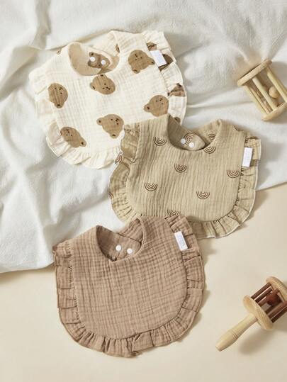 3pcs/Pack Soft Cotton Muslin Baby Bibs With Floral Lace Trim