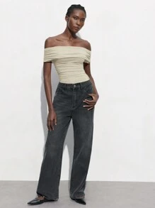 Maija Off Shoulder Ruched Bodysuit, Fitted Silhouette, Suitable For Parties, Gatherings, Versatile Wear, Spring/Summer - Apricot - View 5