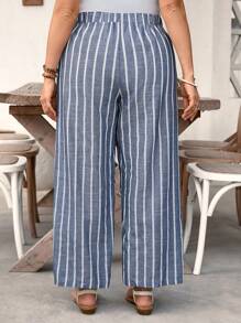 SHEIN LUNE Plus Size Women Linen Striped Elastic Waist Pants, Spring/Summer