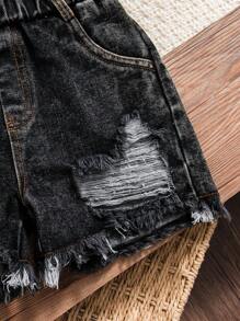 SHEIN Elladie kids 2件套少女圆领短袖印花休闲上衣和短裤套装 - 白色 - 查看 5