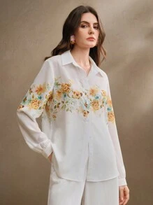 Anewsta Camisa de manga larga con estampado floral elegante y romántico, blusa de primavera para mujer - Albaricoque - Ver 6