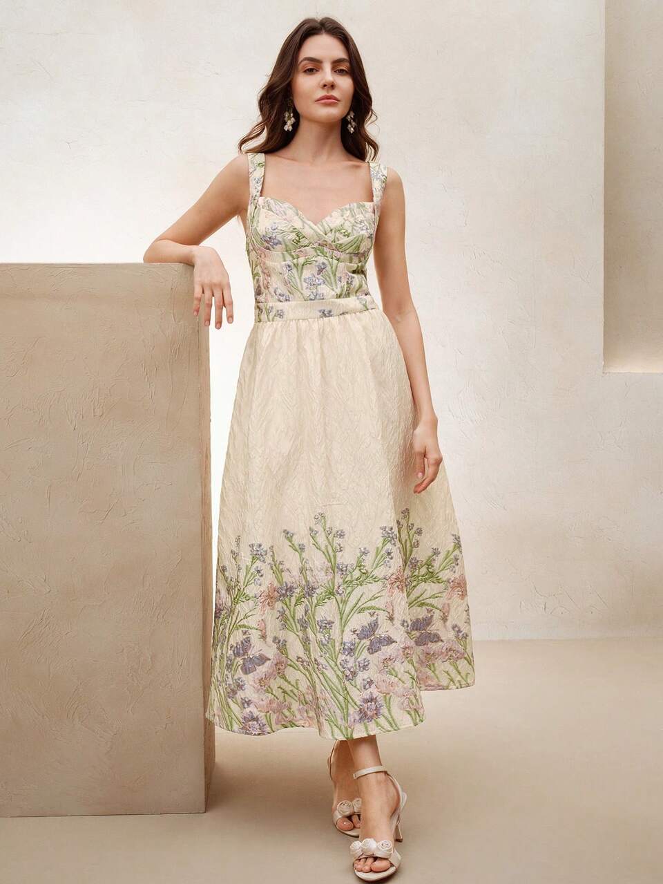 Elegant Jacquard Floral Print Maxi Dress, Suitable For New Year's, Valentine's Day, Vacation, Summer Date Night, Spring/Summer Outfits For Women