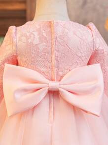 Glamorique Kids Baby Girl Lace Long Sleeve Tulle Puff Dress, Satin Wedding Flower Girl Dress, Christening Gown - Pink - View 3