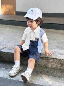 SHEIN Leap Crew 2 件套婴儿夏季休闲简约拼接短袖衬衫和松紧腰短裤套装，适合男婴和女婴 - 藍色 - 查看 5